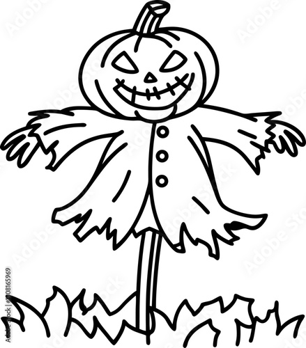 Grinning pumpkin scarecrow on pole in field, halloween character with tattered coat and stitched smile, autumn festival icon