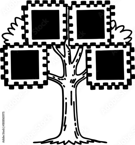 Family genealogy tree with four blank frames ancestry concept, hand drawn style, heritage, memory symbol
