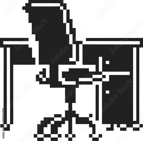 Pixel art office workspace with computer chair and desk minimal retro digital icon, home office, work from home concept