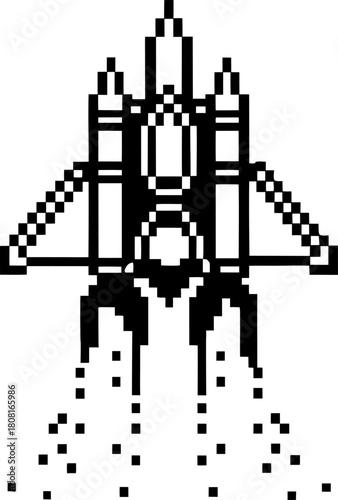 Retro pixel rocket launch classic black and white spaceship blasting off with pixel flames, nostalgic 8 bit video game
