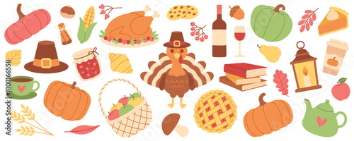 Colorful Thanksgiving set, traditional holiday elements: turkey, roasted turkey dish, pumpkin, pie, corn, hat, fruits, wine, books, baking, autumn leaves. For scrapbooking, fall, harvest, kids design.