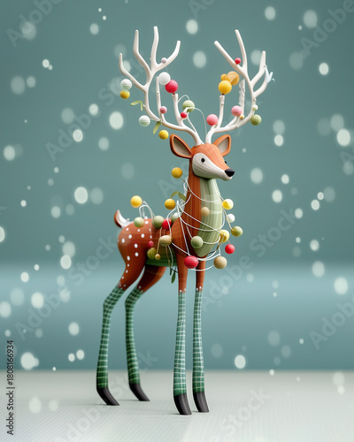 A whimsical and festive reindeer adorned with ornaments and string lights, set against a blurred background of falling snow.