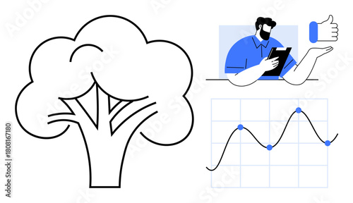 Tree outline, man holding tablet with approval gesture, and analytics graph. Ideal for sustainability, analytics, technology, approval, growth data visualization and digital trends. Simple flat