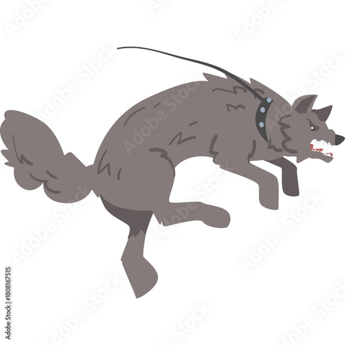 Pixel art of a grey wolf mid-leap with an angry expression wearing a studded collar and leash against a white background