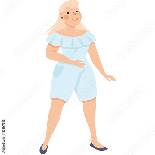 Pixel Art Of A Blond Woman With Pale Skin And Blue Eyes Wearing A Light Blue Ruffled Off The Shoulder Dress And Blue Shoes Standing On A White Background