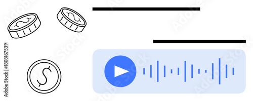Coins representing payment and a sound wave with a play button visualizing audio notification. Ideal for finance, technology, transaction, communication, fintech, alert, minimalistic design. Simple