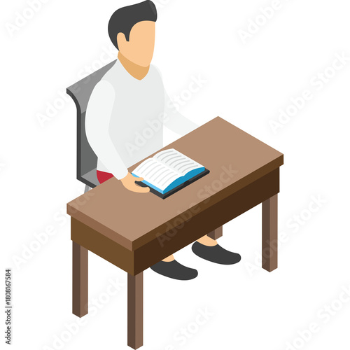 Pixel Art of a Man in a White Long Sleeve Shirt Sitting at a Brown Wooden Desk Reading an Open Blue Book with a Transparent Background