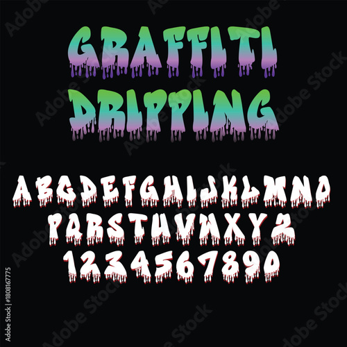 Graffiti Dripping Vector Font features bold street-style letters with a unique dripping effect. Perfect for urban designs, posters, hip-hop branding, and edgy creative projects.