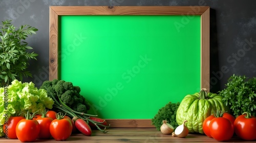 Commercial Display Mockup: Green Screen Board with Vegetables Ornament