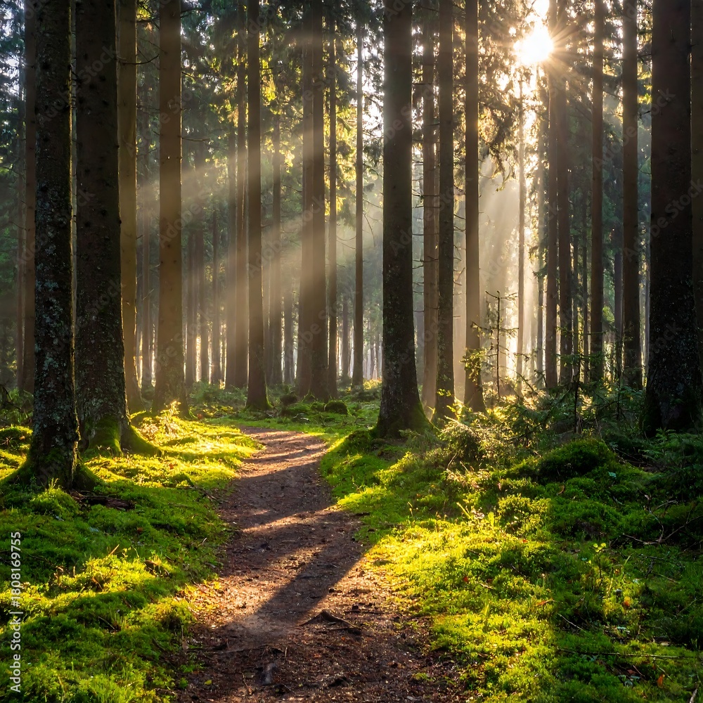 Obraz premium Sun rays stream through tall trees, illuminating a forest path