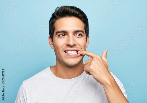 Happy young man pointing at his healthy white teeth and gums, looking away on a blue background. Ideal for dental care ads.