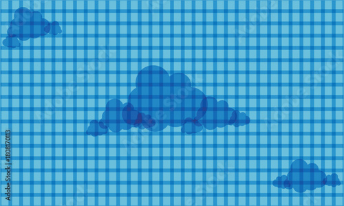 Blue plaid backdrop is set with fluffy cloud formations floating freely, transparent effect
