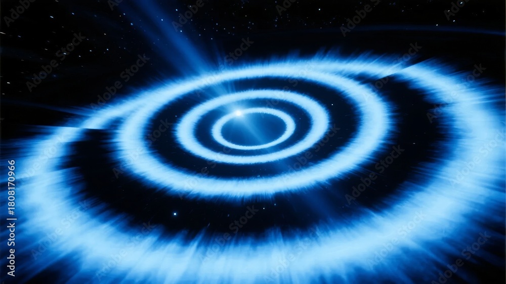 Fototapeta premium Concentric blue light rings radiating outward in a cosmic space background with star-like particles