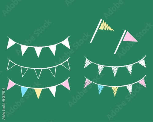 チョーク手描き風のガーランド・フラッグセット（黒板背景） 装飾・パーティー告知に！手書き風旗のイラスト Bunting Banners and Flags