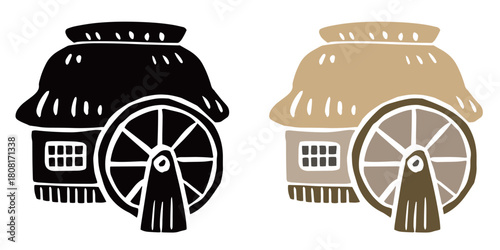 水車小屋　筆タッチ手描きイラスト　線画なし塗りのみ