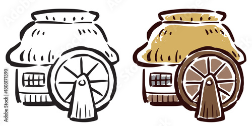 水車小屋　筆タッチ手描きイラスト　線画とカラー