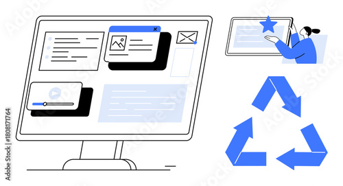 Computer screen with apps, person organizing on tablet, and recycling symbol. Ideal for digital media, organization, innovation, eco-consciousness, education multitasking creativity. Simple flat