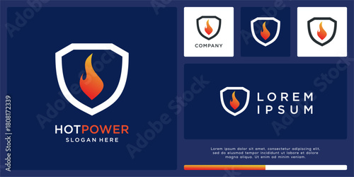 Hot power logo design with shield and fire