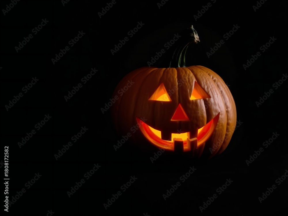 Fototapeta premium Spooky carved halloween pumpkin with glowing orange light illuminating the dark night white background