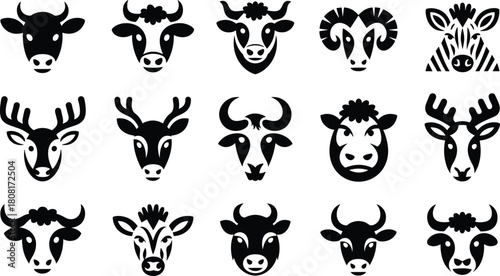 Animal head silhouettes vector collection, cow, deer, bull, ram, zebra, buffalo, goat, wildlife and farm animal face icons illustration design
