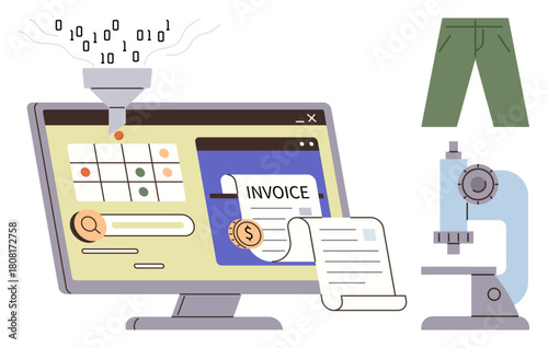Desktop screen with invoice app, data funnel, microscope, and pants. Ideal for finance, automation, analytics, digital tools technology accuracy e-commerce. Simple flat metaphor