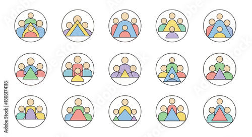 Collection of diverse team icons in circles, symbolizing collaboration and teamwork.
