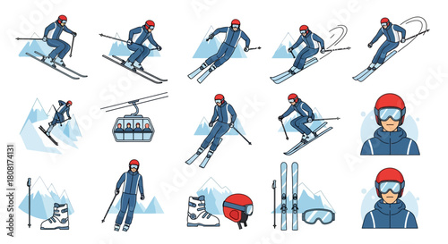 Skiing icons set: skiers, ski lift, equipment, and accessories.