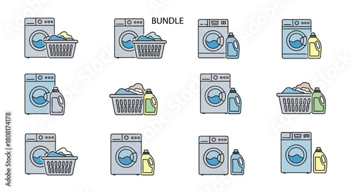 Collection of washing machines with laundry baskets and detergent bottles.