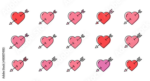 Collection of hearts pierced by arrows, symbolizing love and affection.