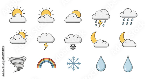Weather icons set with sun, clouds, rain, snow, lightning, tornado, rainbow, and water drops.