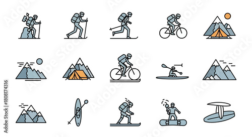 Collection of outdoor adventure icons depicting activities like hiking, skiing, biking, kayaking, and camping in mountainous landscapes.