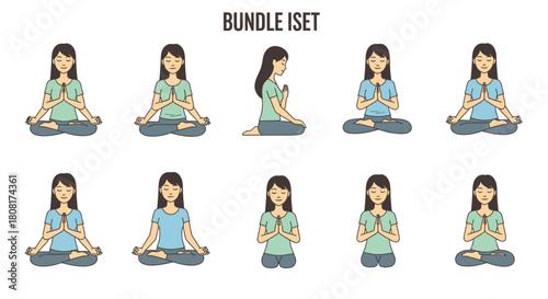 Bundle set of woman doing yoga in various poses, meditating with hands in prayer position, seated in lotus position, isolated on white background.