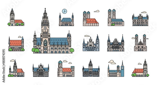 Collection of Munich buildings and landmarks in vector format, showcasing the city's architectural diversity.