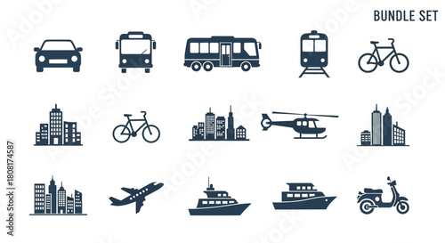 A collection of transportation and city icons in a bundle set, including cars, buses, trains, bicycles, helicopters, airplanes, boats, and city skylines.