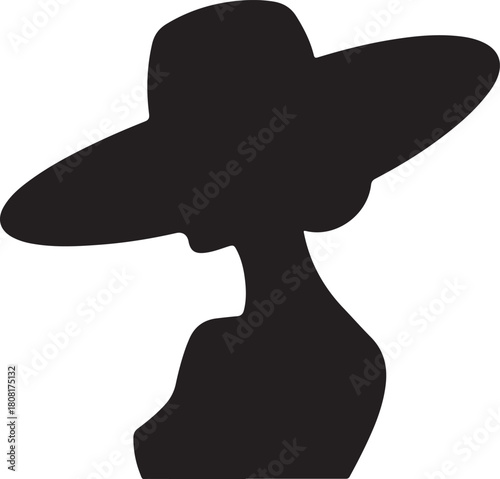 Silhouette of woman in wide brim hat white background