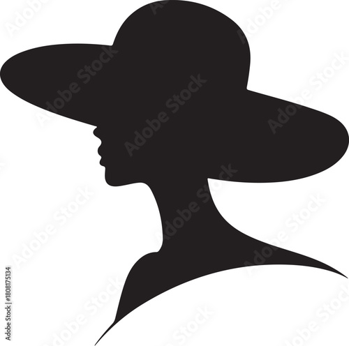 Silhouette of woman in wide brim hat white background