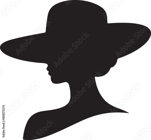 Silhouette of woman in wide brim hat white background