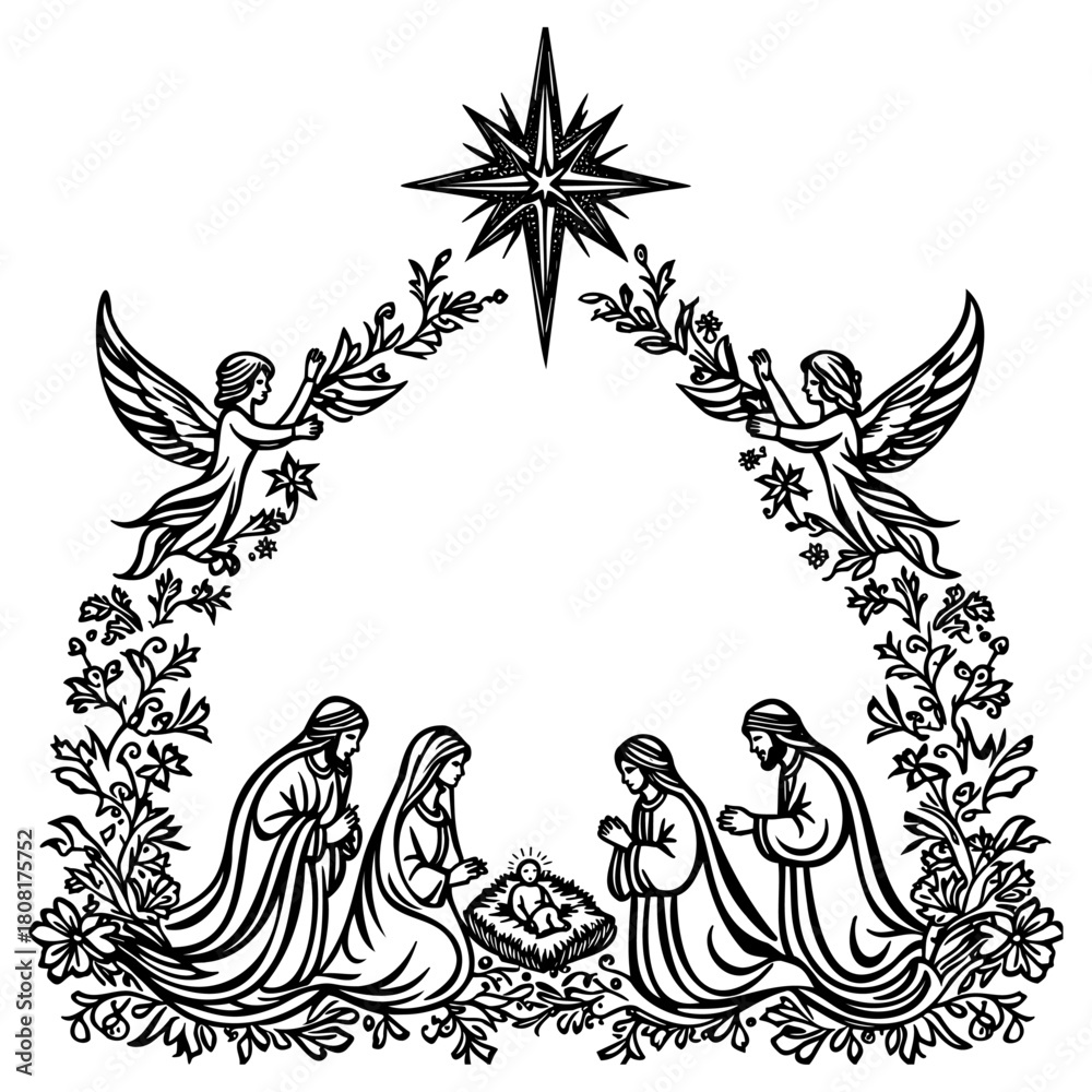 Fototapeta premium Nativity Scene with Angels and Star (Line Art)