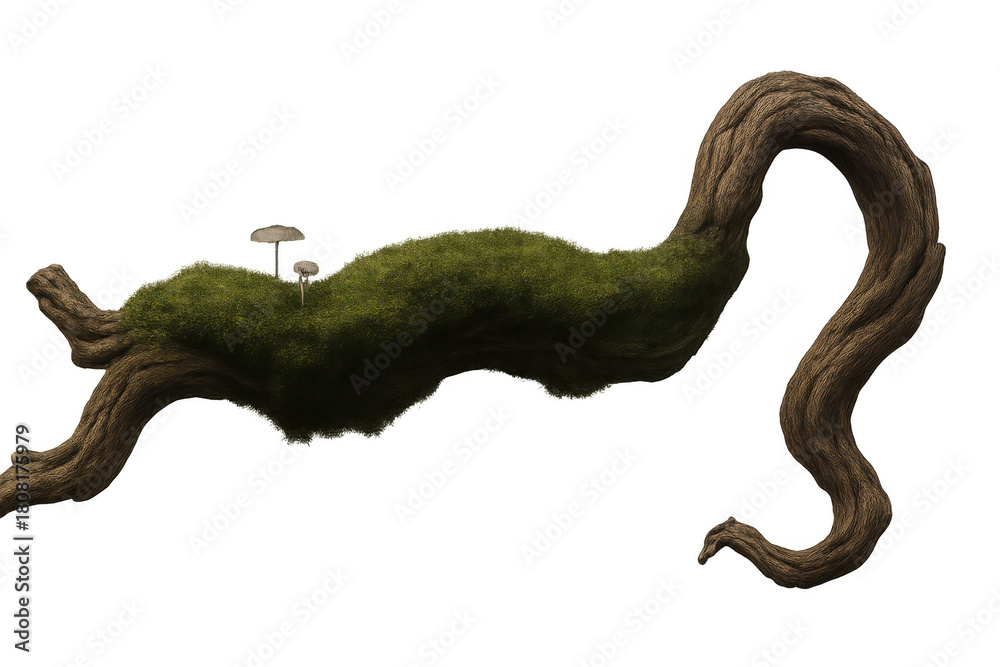Obraz premium Twisted mossy tree branch with small mushrooms creating a fantasy or natural setting on transparent background