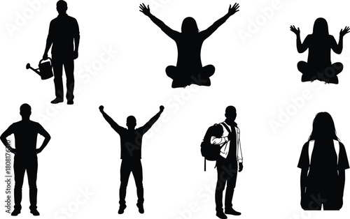 WebSilhouette collection of diverse people standing, sitting, celebrating, and carrying items, 