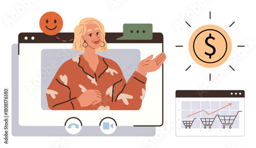 Person giving a video presentation with charts and dollar symbol, explaining growth strategy. Ideal for business, marketing, webinars, e-commerce, sales, education and leadership. Simple flat