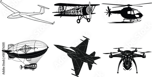 Aviation and aircraft vector illustration set, airplane, helicopter, jet fighter, biplane, zeppelin, drone, glider, flying vehicles, air transport, flight technology design