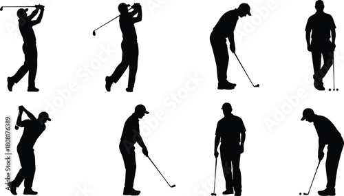 WebSilhouette collection of golfers practicing swings, putting, and preparing shots, showcasing dynamic sports poses, ideal for golf, athletic training, outdoor recreation vector illustration projects