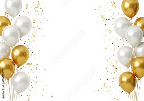 Celebration background with gold and white balloons and confetti