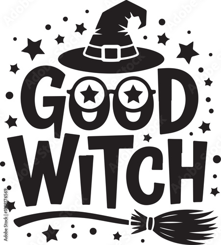 Good witch text with hat, star glasses, broom for halloween