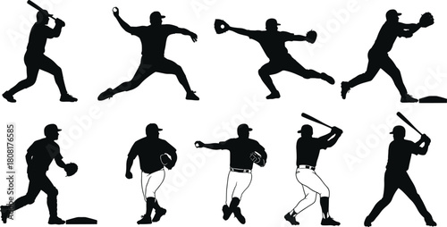 WebDynamic baseball player silhouette collection illustrating pitching, batting, fielding, and action poses, perfect for sports design, team graphics, training materials, and athletic themed projects