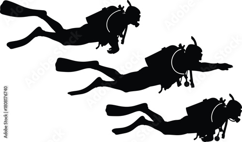 WebSilhouette illustration of scuba divers swimming underwater with dive gear, showcasing ocean exploration, snorkeling adventure, marine life discovery, aquatic sports movement,