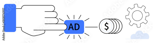 Hand pressing ad button triggering dollar coins, a gear, and a small cloud. Ideal for advertising, monetization, digital marketing, revenue growth, online business optimization automation. Simple