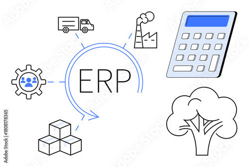 ERP concept displayed with icons of a truck, factory, calculator, tree, and gear signifying integration of logistics, manufacturing, finance, and sustainability. Ideal for business management