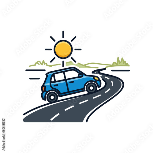Blue Car Driving on Winding Road with Sun Illustration